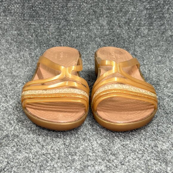 Crocs Isabella Sandals Womens Size 6 Brown Gold Jelly Mini Wedge Slide Flip Flop - Picture 2 of 10